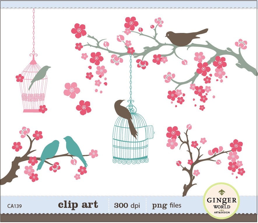 Blooming Cherry flower and whimsical birds clipart digital illustration for scrapbooking, DIY invitation (CA139)