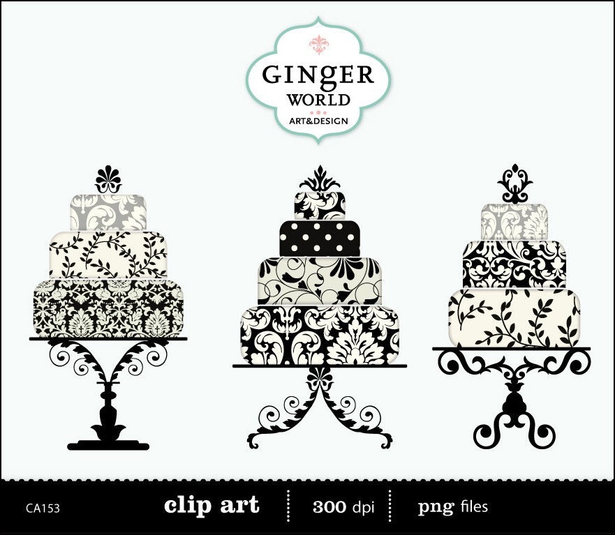 Black damask luxe Wedding Cake clip art digital illustration printable for DIY invitation scrapbooking (CA153)