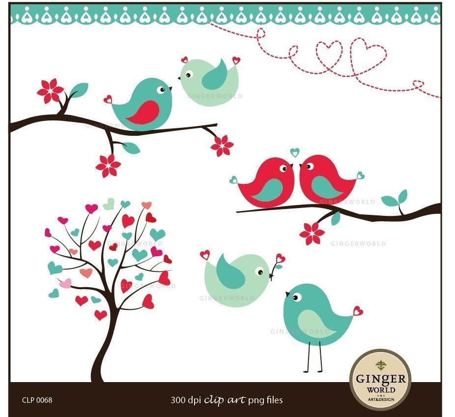 Kissing Love Birds Forest clipart digital file illustration for scrapbooking, wedding invites (CLP0068)