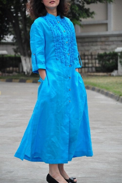 That blue sky/stand collar pleated drawstring long dress/11colors/custom made