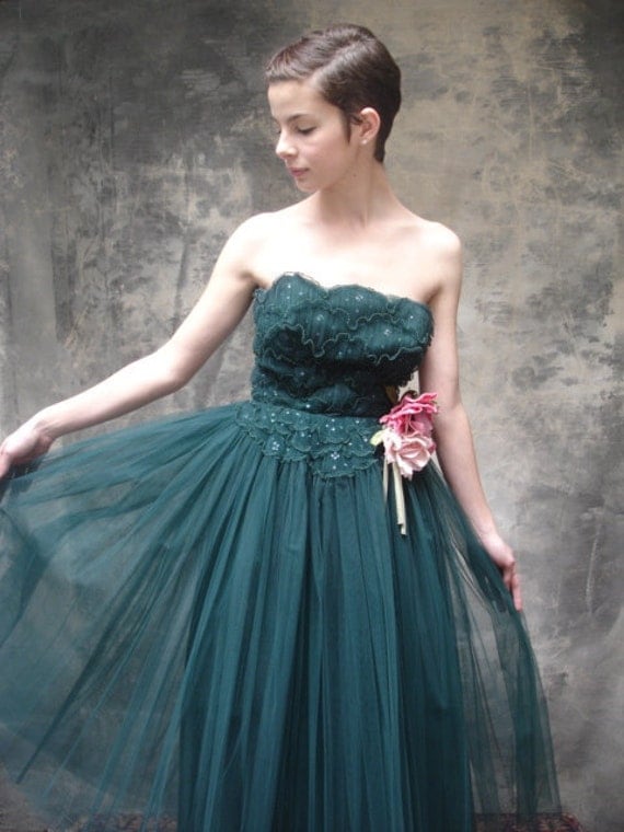 50s forest green tulle gown