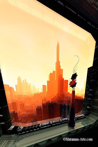 Sun Towers futuristic city skyline 11x17 Digital Art