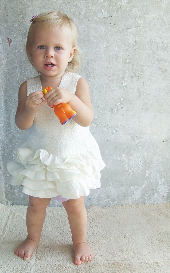 White baby dress felted ivory wool ruffles eco friendly soft for birthday weddings party OOAK gift idea little Valentine day