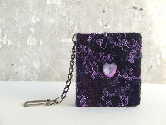 Mini notebook - key chain with heart gift unisex felted purple heart mini journal, shabby chic paper
