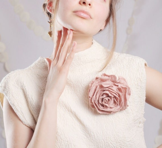 Blush pink brooch rose felted shell pastel dusty pale peach flower cream white wedding bridesmaid winter neutral