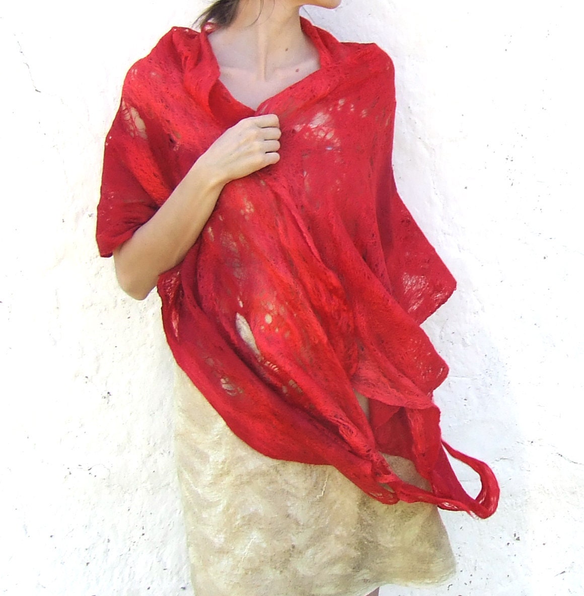 Red shawl scarf felting fire wool luxury cape wedding bridesmaid idea for her spring fashion