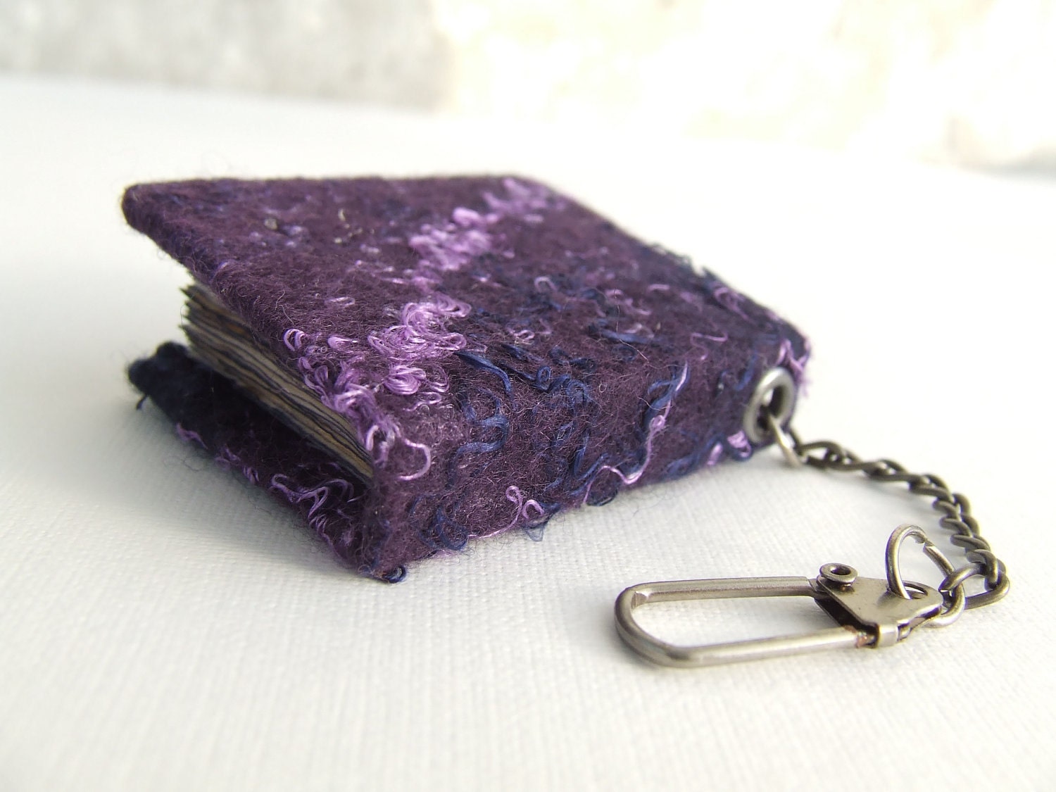 Mini notebook - key chain with heart gift unisex felted purple heart mini journal, shabby chic paper