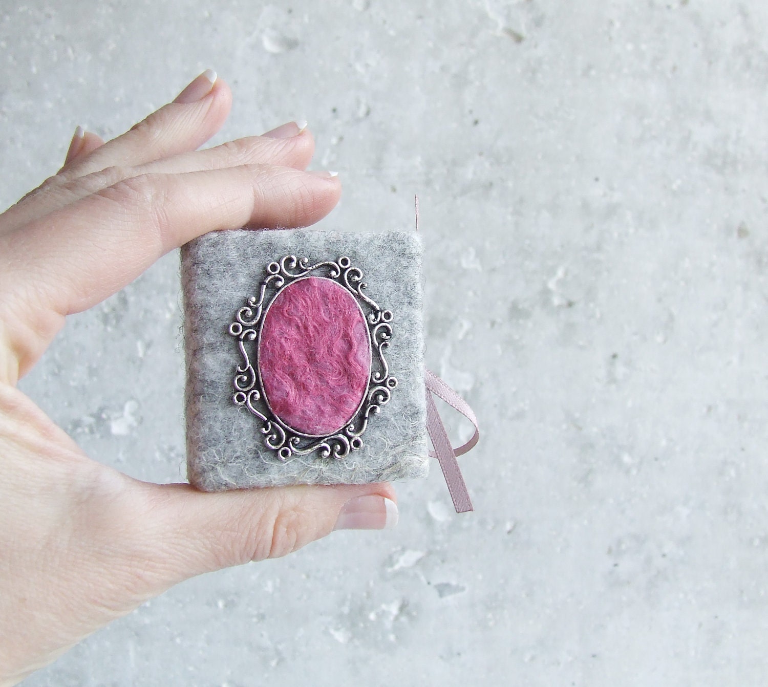 Mini notebook -brooch felted mini journal grey shabby chic paper bow summer pastel pink neutral sale