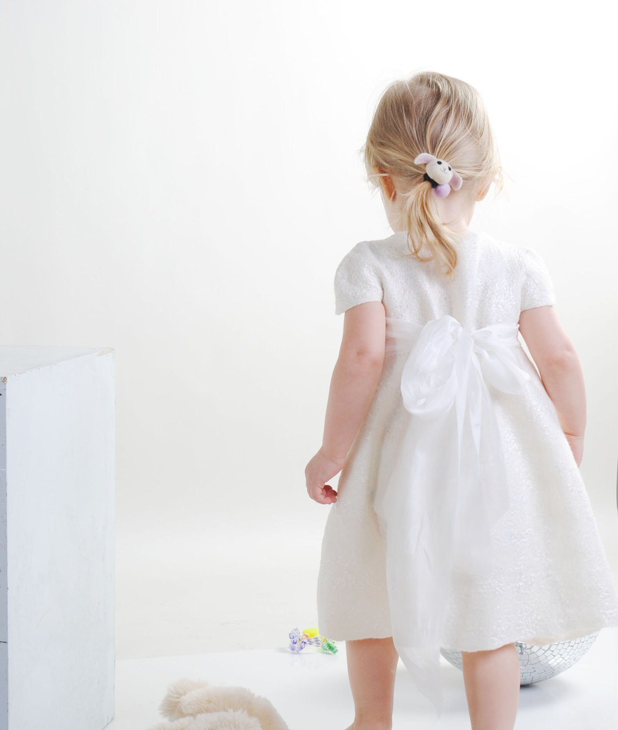 White dress for flower girl with silk bow felted baby girl dress eco friendly soft 2 year 2T oht gift idea for birthday