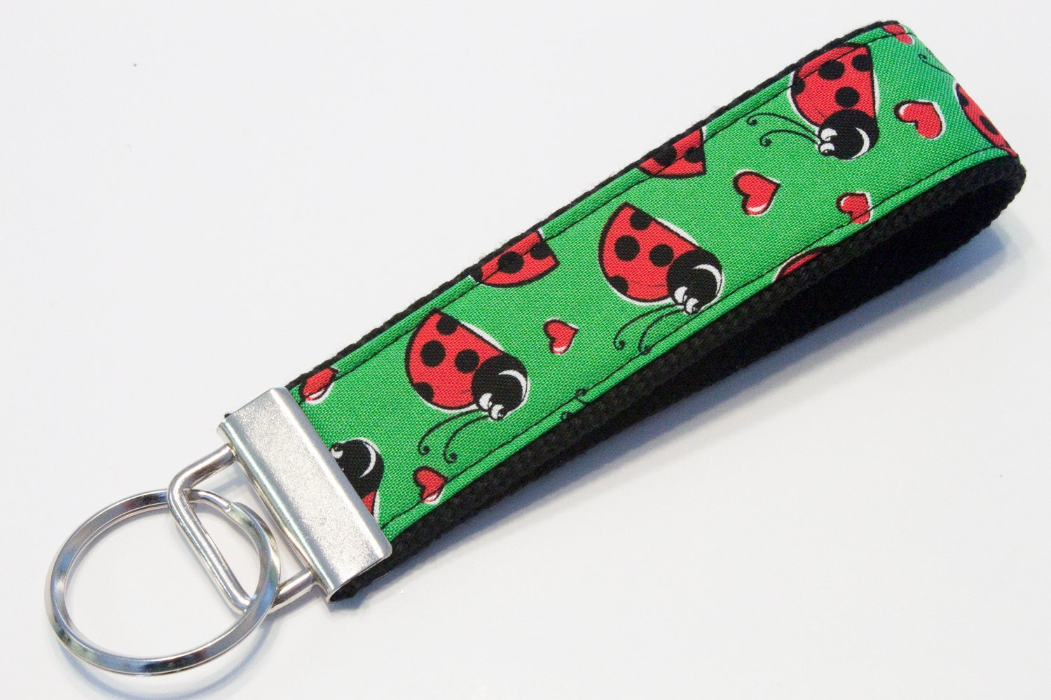 Fabric Key Fob, Key Chain, Key Ring, Key Holder, Wristlet Key Fob, Wristlet Keychain, Fabric Key fobs-Green ladybug love