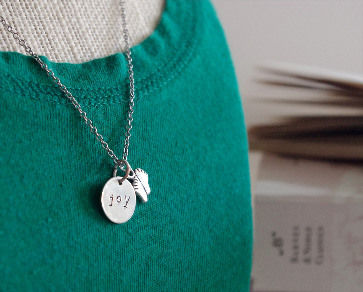 Personalized Hand Stamped Metal Necklace with Charm- Joy - New Baby - Necklace