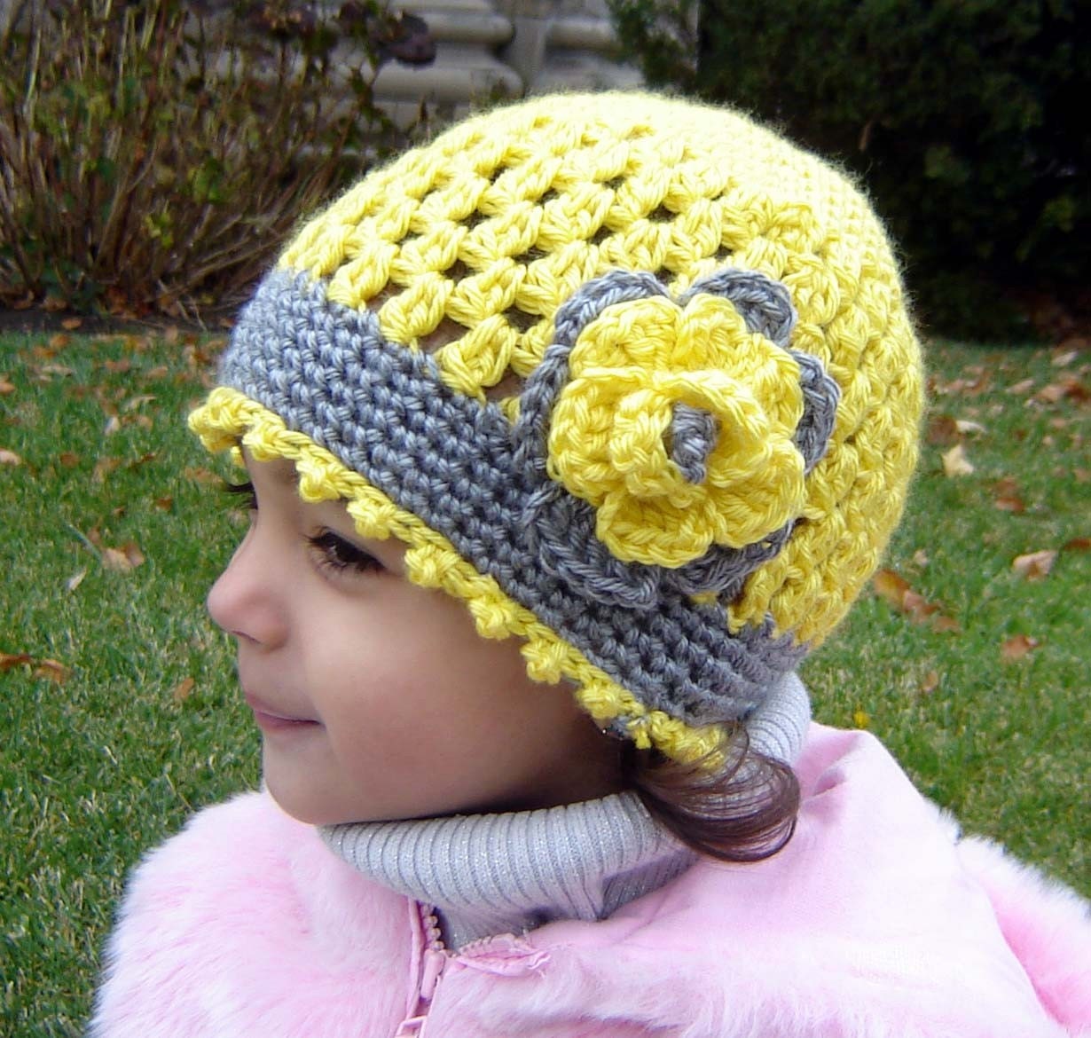 PDF Yellow Open Weave Beanie with the Flower CROCHET PATTERN No072  All sizes Baby Toddler Child Adult
