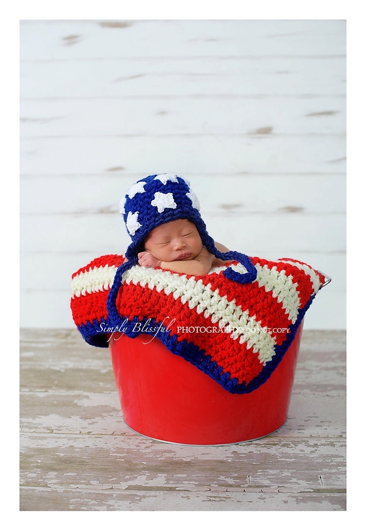 PDF  Instant Download Crochet Pattern No 242 American Flag Set Chunky yarn photo prop sizes preemie, newborn. 0-3, 3-6 months
