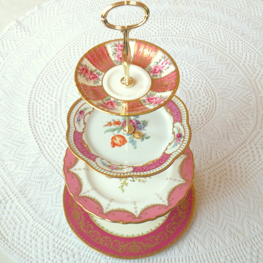Alice Turns Pink, Large 4 Tier Gold & Raspberry Tea Stand of Vintage China for Wedding Cupcakes, Shower Dessert Display or Birthday Party