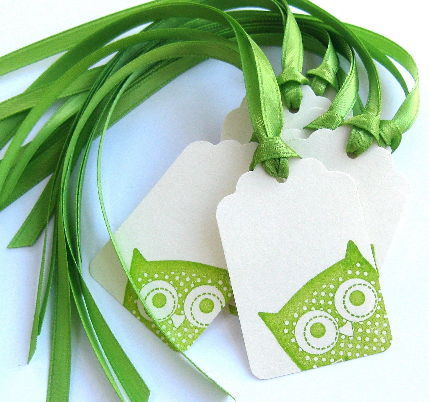 Peek - A - Whoo - Hand Stamped Peeking Owl Gift Tags - Set of 8 - Lime Green and Cream