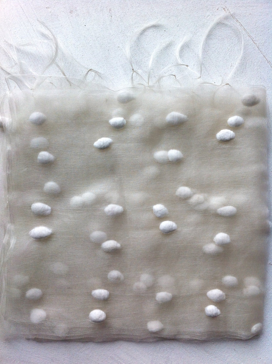 Undyed handwoven organza silk shawl with cotton balls. RESERVED for Anna.