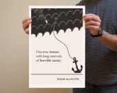 Illustration, Edgar Allan Poe Quote, Fine Art Prints,  Art Posters, Poe Art, Black and White Drawing, Nautical Wnauall Art