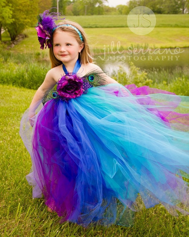 Snazzy Peacock Tutu Dress with matching rose hairbow......Great for Weddings,Birthdays,photo props and dress up