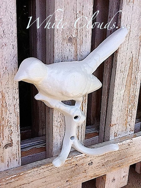 Bird Hook- Double Key Hook - Distressed White-Cast Iron-Fresh White-Cottage Chic Home-Spring Home Decor-Prairie House-White Bird