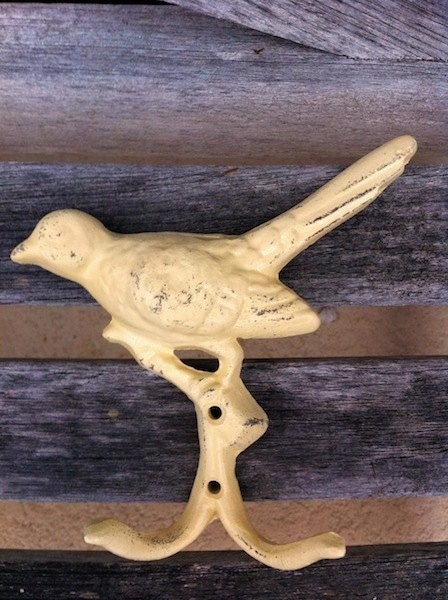 Butter Cream Yellow Bird Coat Hanger -Wall Mount-Bathroom Fixture-Wall Decor-Cottage Chic-Spring Home Decor-Distressed -Bird Hook