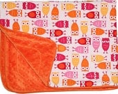 Baby Girl Blanket in pink, & orange mod owls print on orange dimple Dot Minky....Unique New Baby Gift - FREE SHIPPING