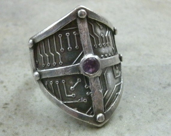 Circuit Board Shield Ring in Fine Silver - Cyberpunk RIng - Medieval Motherboard - Techie - Renaissance - Sci Fi Hacker - Cyberpunk Jewelry