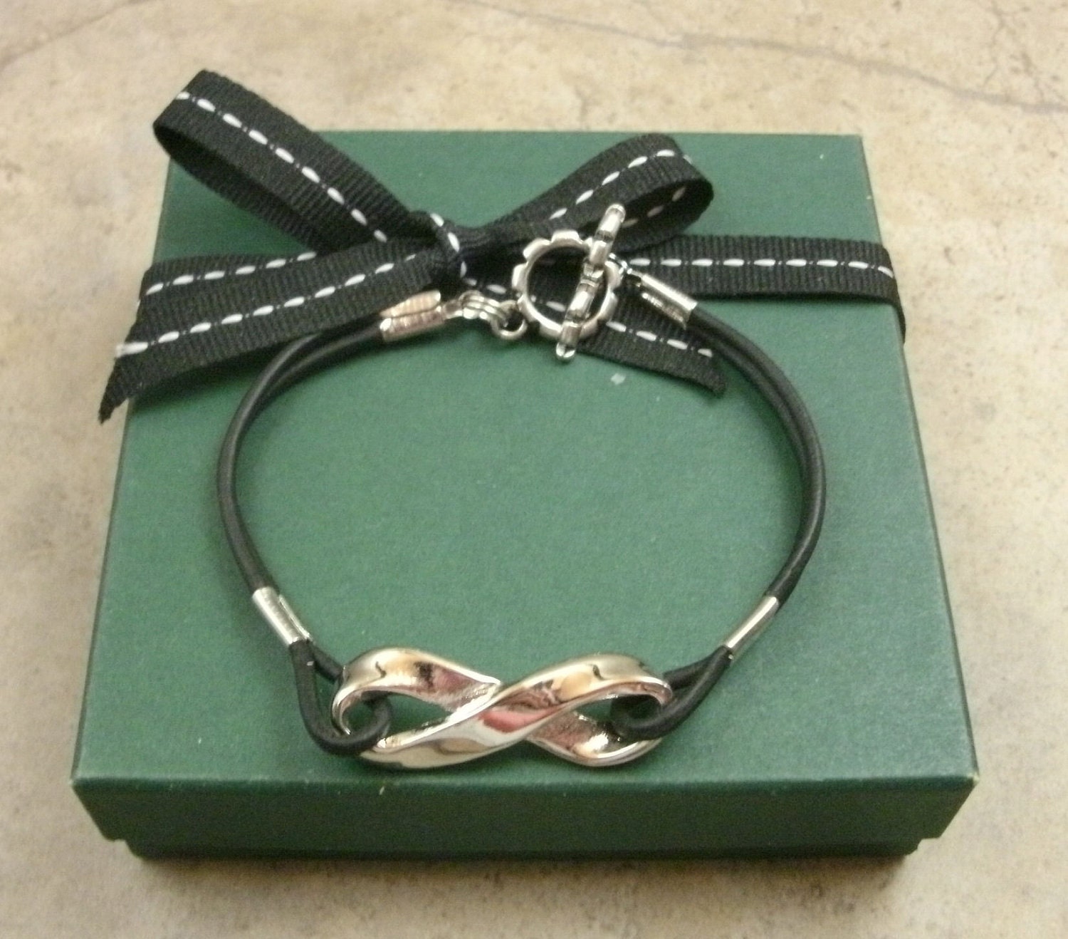 Infinity Charm Bracelet in Silver Tone Metal & Leather - Mobius Strip - Memorial Jewelry - Eternal - Black and White - LAST ONE