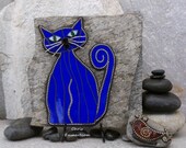 Mosaic on Rock "Cat turned Blue" Garden Stone