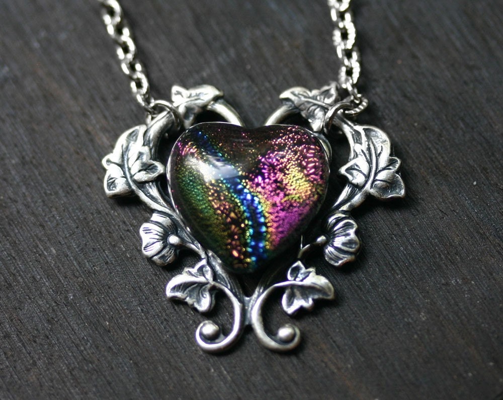 Rainbow Heart Dichroic Glass Cabochon Necklace