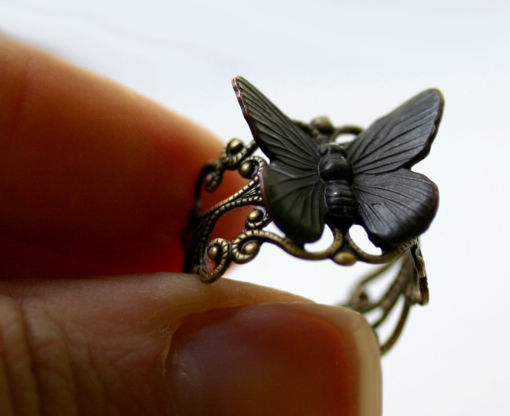 Butterfly Ring - Steampunk Black Goth Moth
