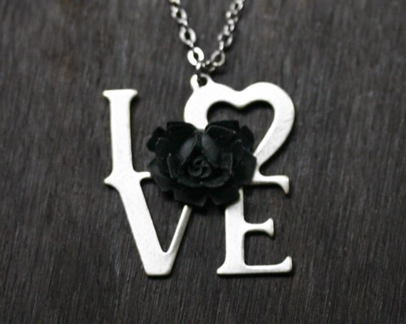 Love Letters Necklace With Black Rose