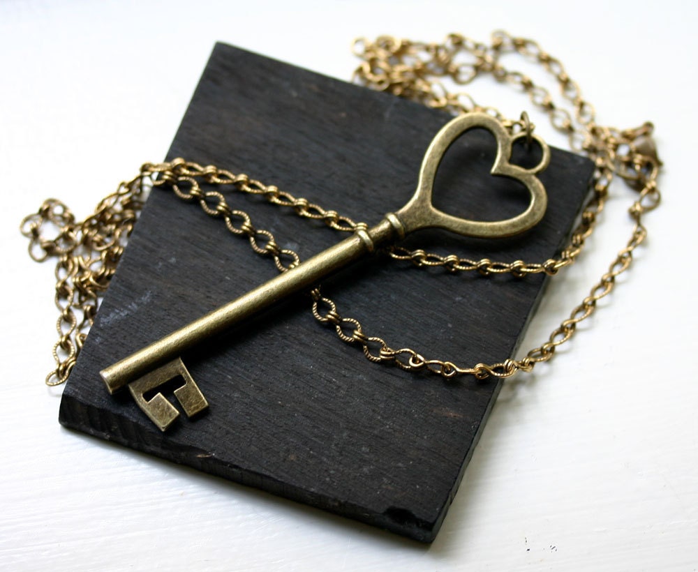 Key to My Heart Necklace in Antique Brass
