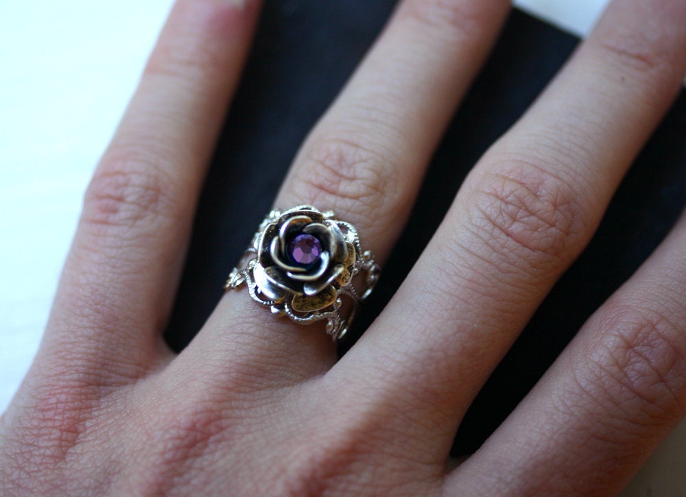 Silver Rose Ring with Amethyst Crystal - Neo Victorian Steampunk Adjustable