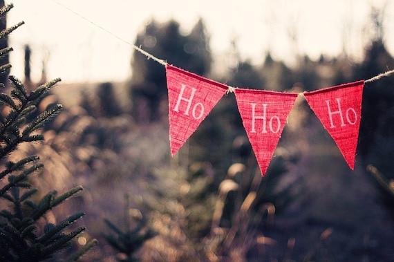 HO HO HO White Glittered Burlap Banner