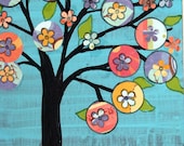 SALE Mexican folk art Original Painting on upcycled wood Mixed Media Happy Tree