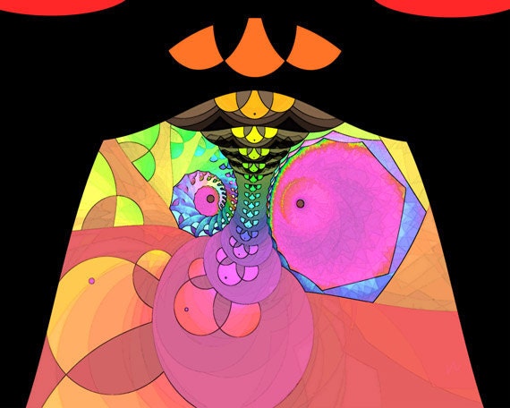 Hot pink, black, coral, "Merry Maze", orange, red, fanciful fine art, nifty wall decor, exclusive design, 11x14" Giclee print