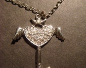 Winged Heart Key with Crown and Rhinestones Necklace
