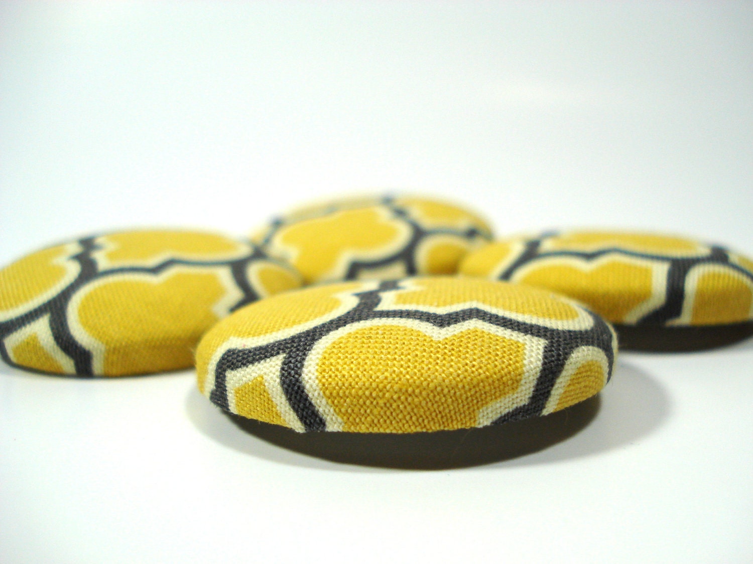 Button Fabric Covered 1.5 inch Quatrefoil Yellow Gray Marigold Set of 6