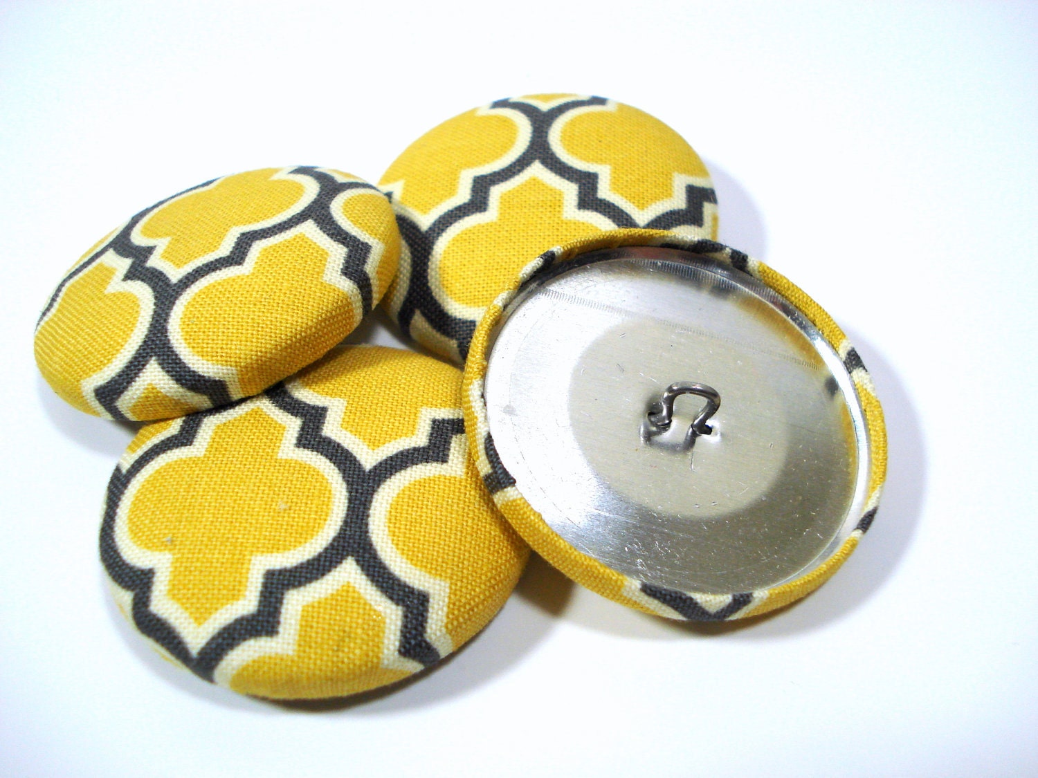 Button Fabric Covered 1.5 inch Quatrefoil Yellow Gray Marigold Set of 6