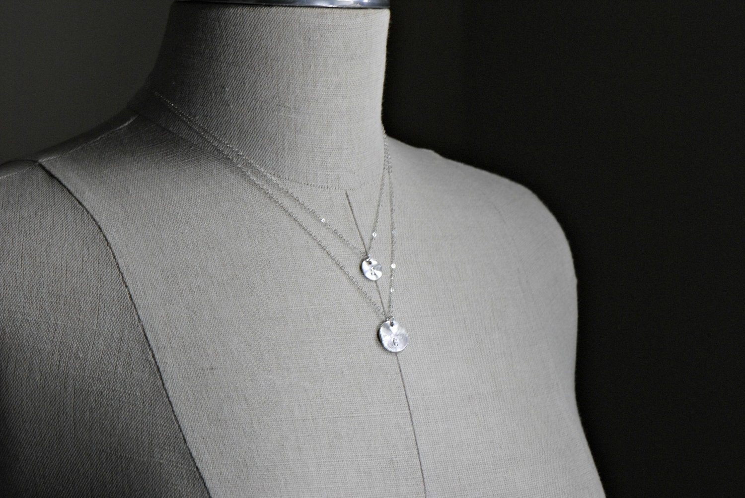 Disc Necklace Silver - Two Initials Personalized Double Necklace Multi Layer Necklace - Sterling Silver Chain