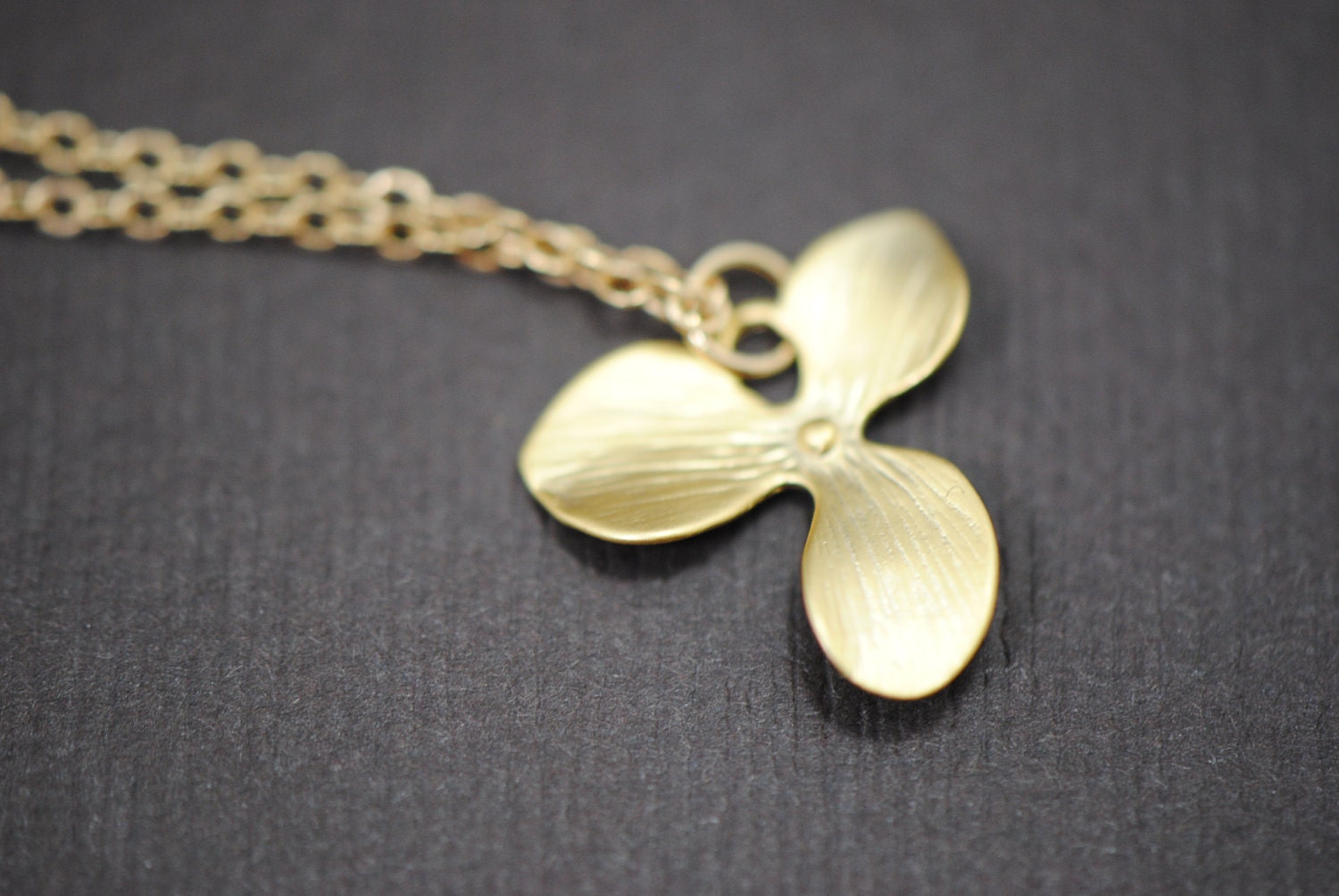 Single Orchid Necklace Gold- Triple Leaf Orchid Flower Necklace