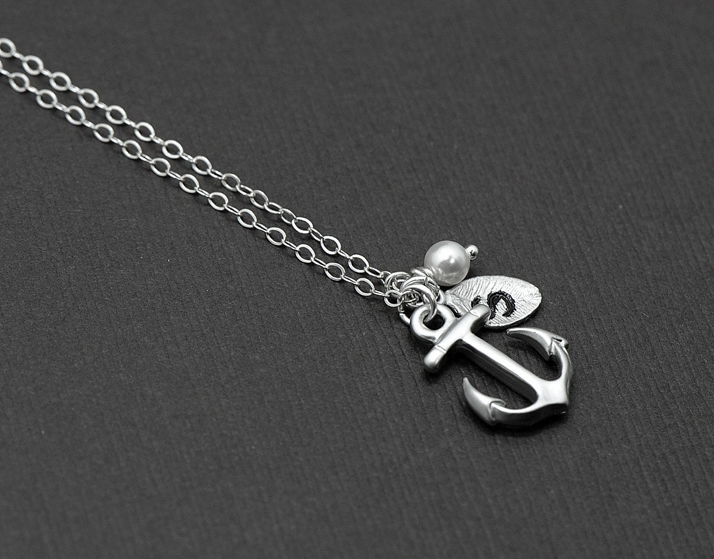 Silver Anchor Necklace Personalized Anchor with Initial Hand Stamped Leaf, Nautical Theme, Navy Necklace, Bridemaid Jewelry