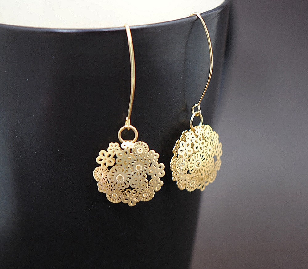 Flower Earrings GOLD - Puffed Filigree Flower Earrings Bridesmaid Jewelry Drop Dangle Earrings