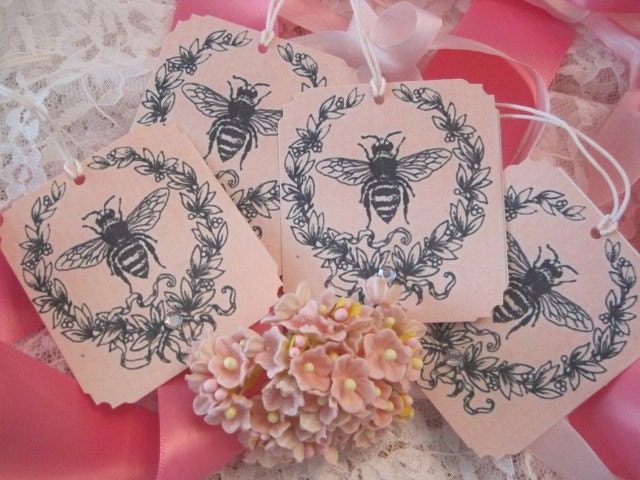 Royal Queen Bee Gift Tags No 6a - Cards -  French - Shabby - Chic - Pink - Roses - Wreath - Rhinestones - Buy Three Get One Free