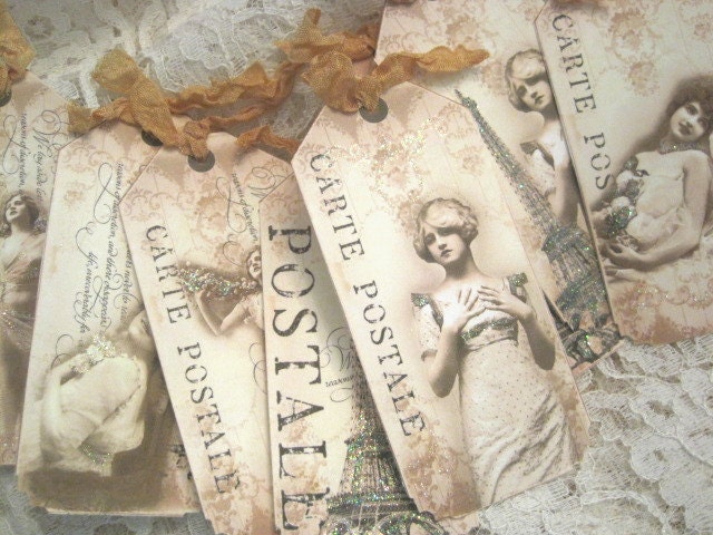SHABBY FRENCH PARIS Postcards Gift Tags no 8 - Angels - Eiffel Tower - Carte Postale - Embossed - Glitter - Buy Three Get One Free