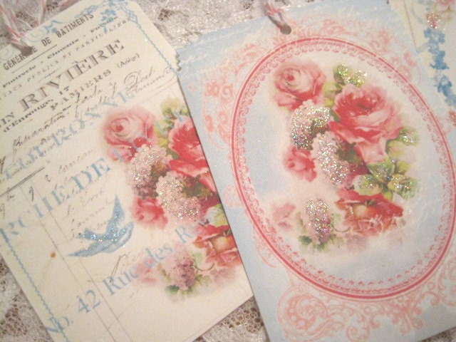 So Shabby Chic Gift Tags no 37b - Victorian - Roses - Floral - French Script - Paris Pink - Embossed - Glitter - Buy Three Get One Free