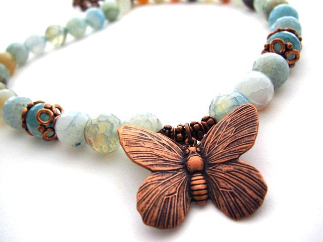 Copper Butterfly Necklace Agate Gemstones Beaded Jewelry