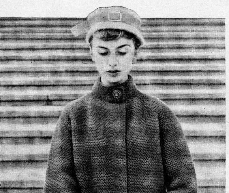 Vintage 1950s Swing Coat with Textured Stitch and Striped Cuffs -- PDF KNITTING PATTERN