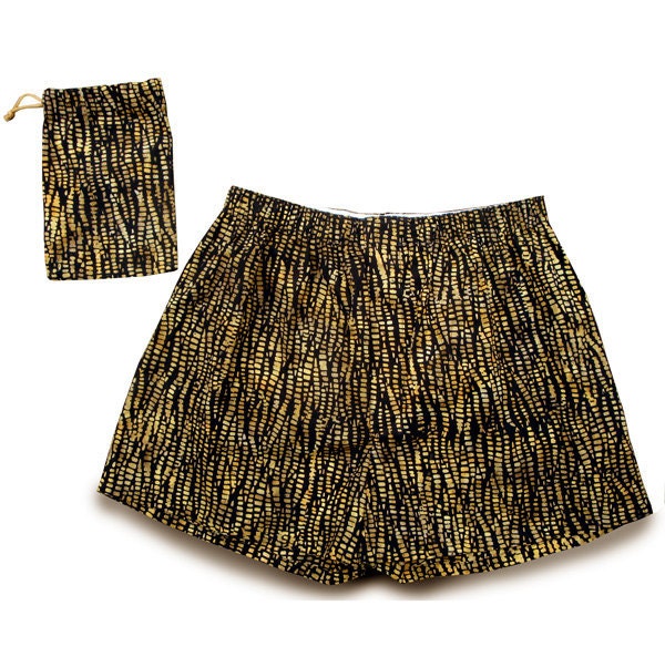 Boxer Shorts for Men M - Black & Brown handmade batik cotton fabric (M/BK-001)