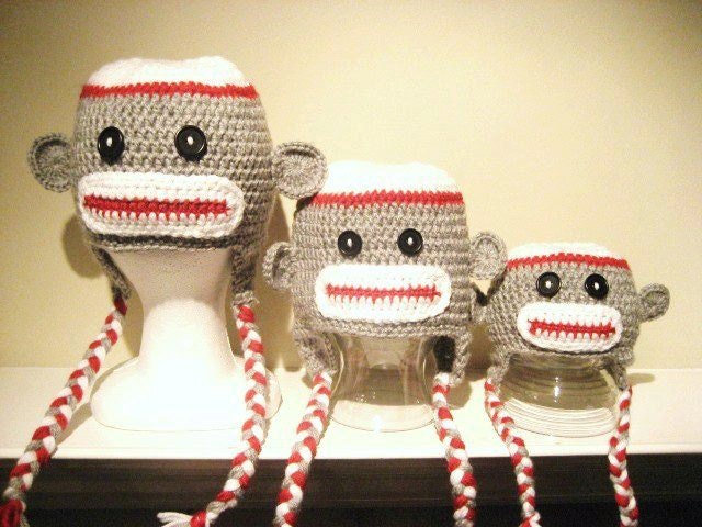 SOCK MONKEY BOY (Traditional) - with Earflaps & Braids - Newborn/Toddler/Child